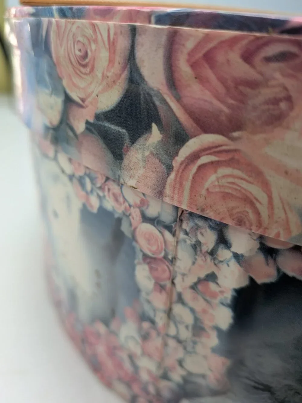 Vintage Large Round Kitten & Pink Roses Cardboard Hat Box Storage 12